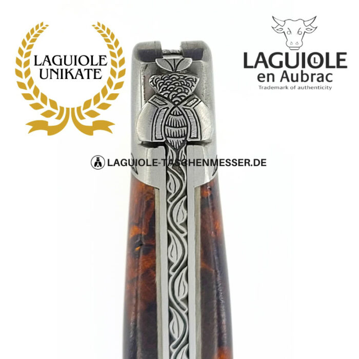 die pflanzliche seele: laguiole taschenmesser aus eisenholz maser gravierte biene, heftbacke und feder