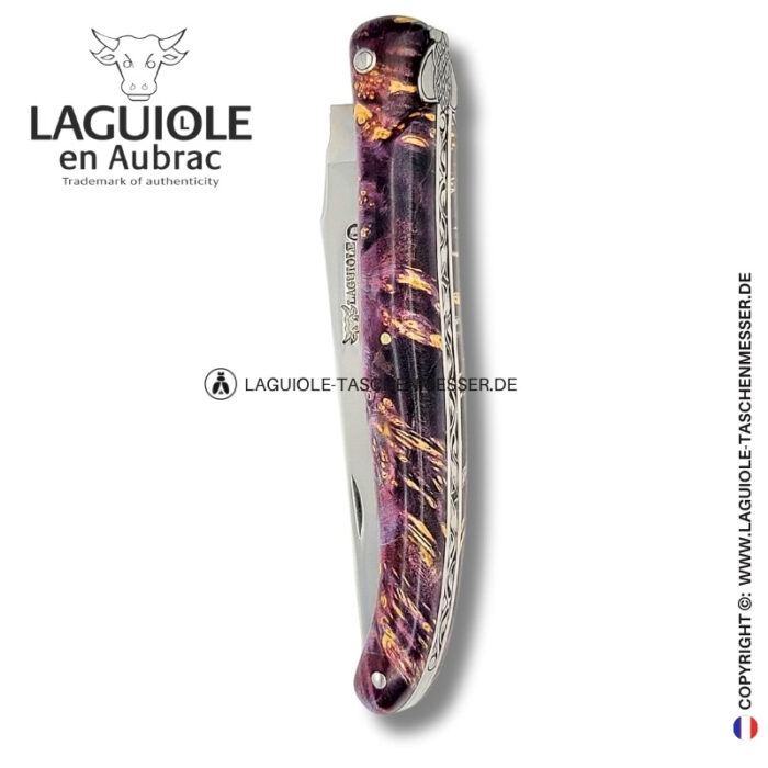 indigowald: laguiole taschenmesser aus violetter holunder maser – voller griff – gravierte biene