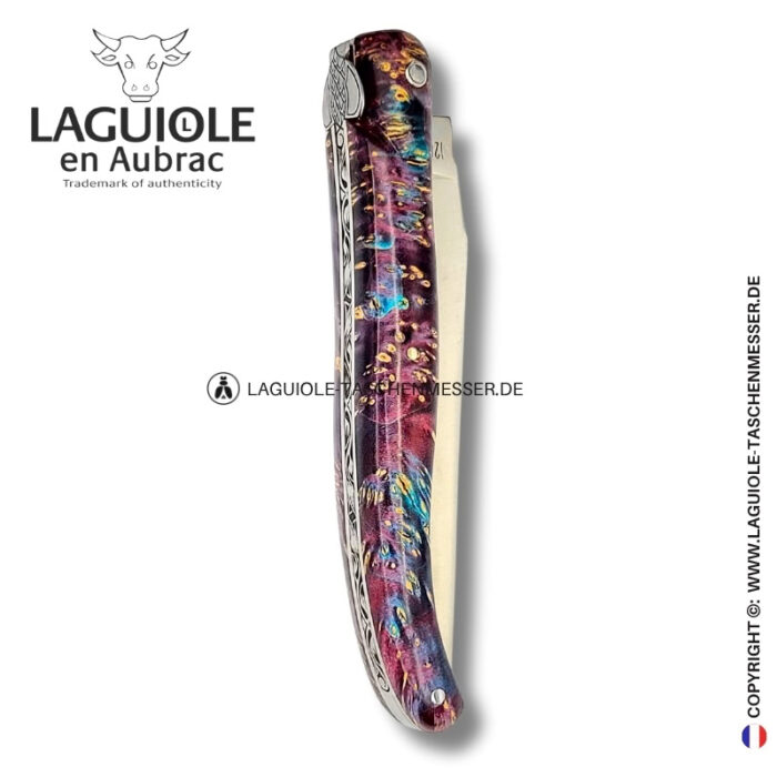 indigowald: laguiole taschenmesser aus violetter holunder maser – voller griff – gravierte biene