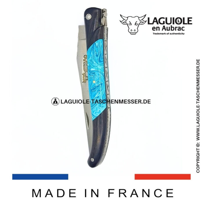 laguiole taschenmesser „nox pretiosa“ – ebenholz & larimar – guillochierte edelstahlplatinen