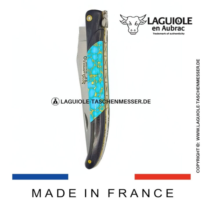 laguiole taschenmesser „nox pretiosa“ – ebenholz & türkis – guillochierte messingplatinen