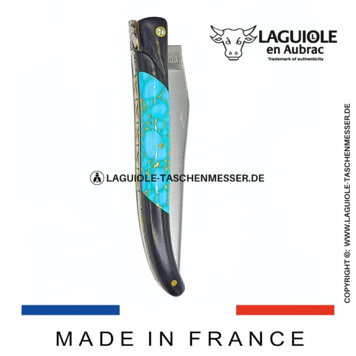 laguiole taschenmesser „nox pretiosa“ – ebenholz & türkis – guillochierte messingplatinen