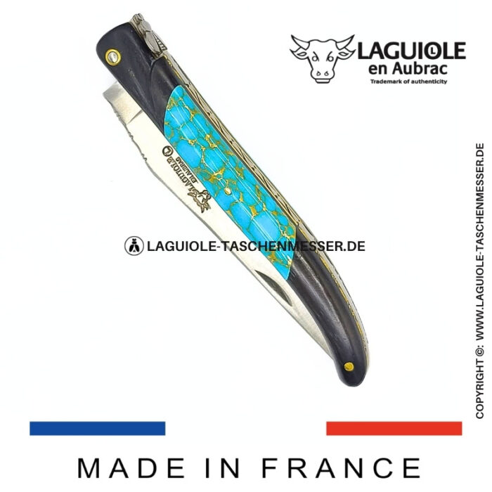 laguiole taschenmesser „nox pretiosa“ – ebenholz & türkis – guillochierte messingplatinen