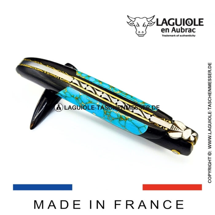 laguiole taschenmesser „nox pretiosa“ – ebenholz & türkis – guillochierte messingplatinen