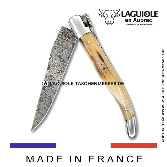 laguiole taschenmesser mit griff aus hornspitze – guillochierte platinen & balbach damas klinge