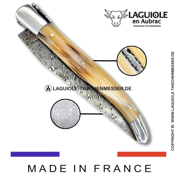 laguiole taschenmesser mit griff aus hornspitze – guillochierte platinen & balbach damas klinge