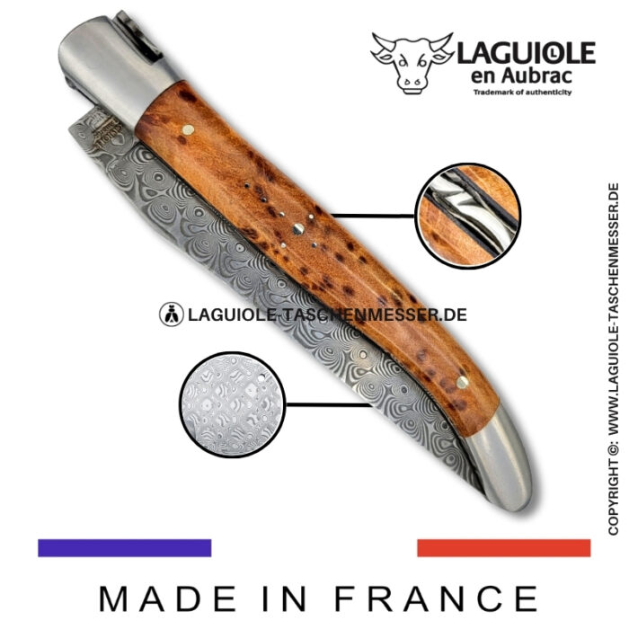 laguiole taschenmesser mit griff aus thuja – guillochierte platinen & balbach damas klinge