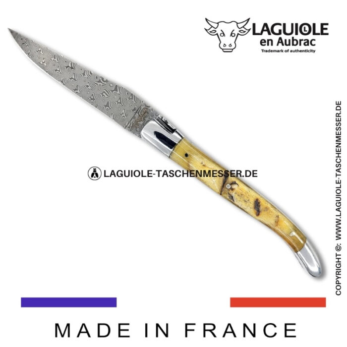 laguiole taschenmesser mit griff aus widderkruste – guillochierte platinen & balbach damas klinge