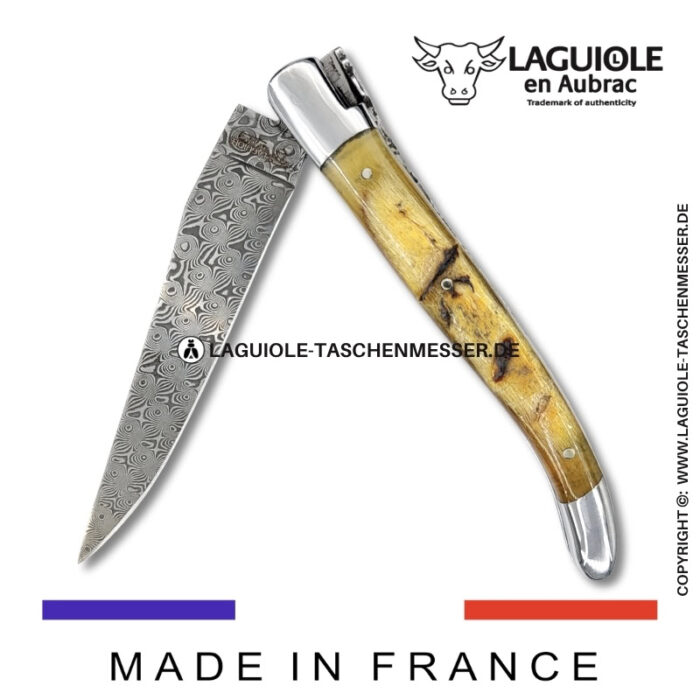 laguiole taschenmesser mit griff aus widderkruste – guillochierte platinen & balbach damas klinge