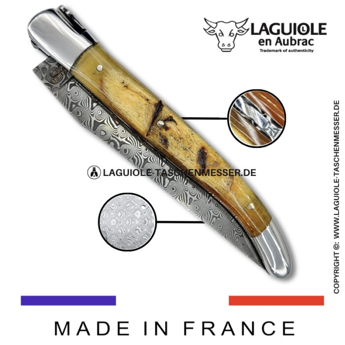 laguiole taschenmesser mit griff aus widderkruste – guillochierte platinen & balbach damas klinge