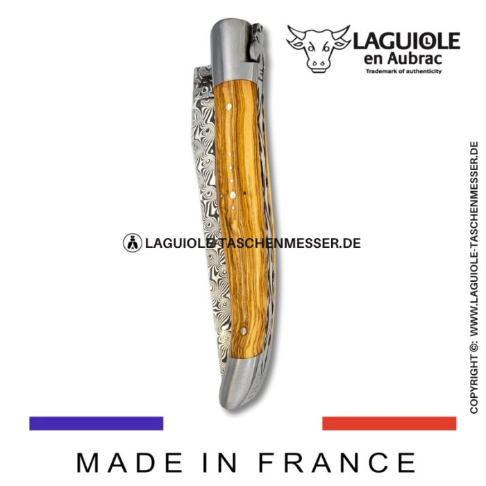 laguiole taschenmesser mit griff aus olivenholz – guillochierte platinen & balbach damas klinge
