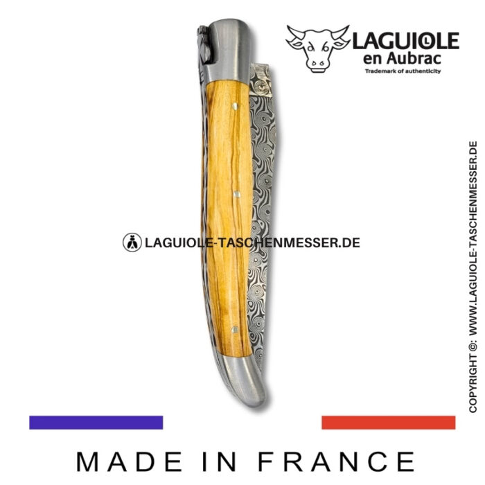 laguiole taschenmesser mit griff aus olivenholz – guillochierte platinen & balbach damas klinge