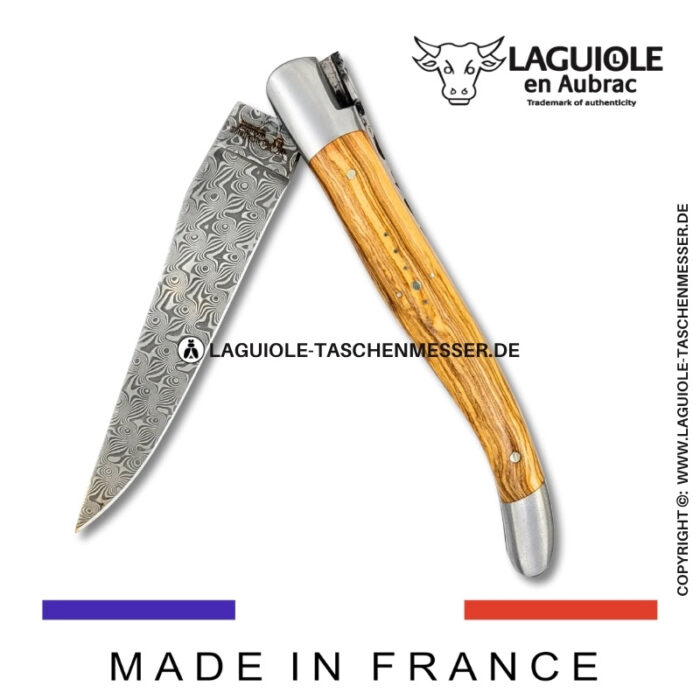 laguiole taschenmesser mit griff aus olivenholz – guillochierte platinen & balbach damas klinge