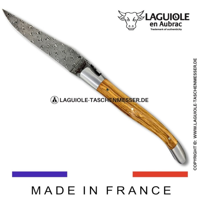 laguiole taschenmesser mit griff aus olivenholz – guillochierte platinen & balbach damas klinge