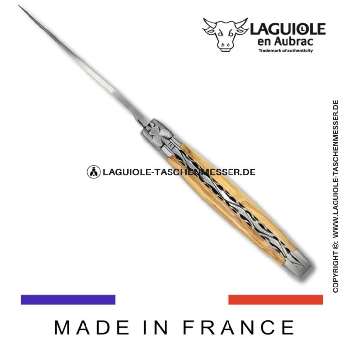 laguiole taschenmesser mit griff aus olivenholz – guillochierte platinen & balbach damas klinge
