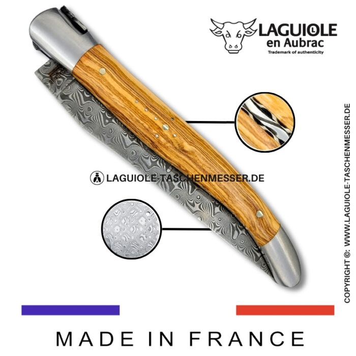 laguiole taschenmesser mit griff aus olivenholz – guillochierte platinen & balbach damas klinge