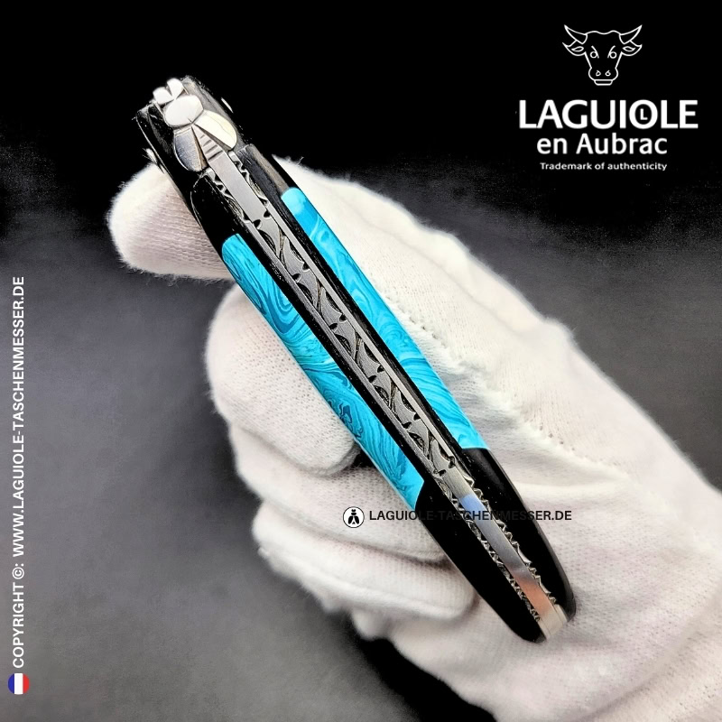 laguiole taschenmesser „nox pretiosa“ – ebenholz & larimar – guillochierte edelstahlplatinen