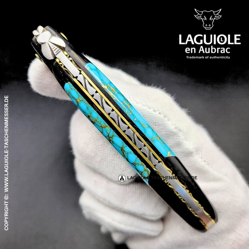 laguiole taschenmesser „nox pretiosa“ – ebenholz & türkis – guillochierte messingplatinen