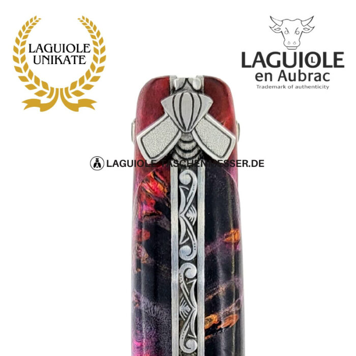 violette wurzel: laguiole taschenmesser aus dunkler holundermaser – gravierte biene und feder
