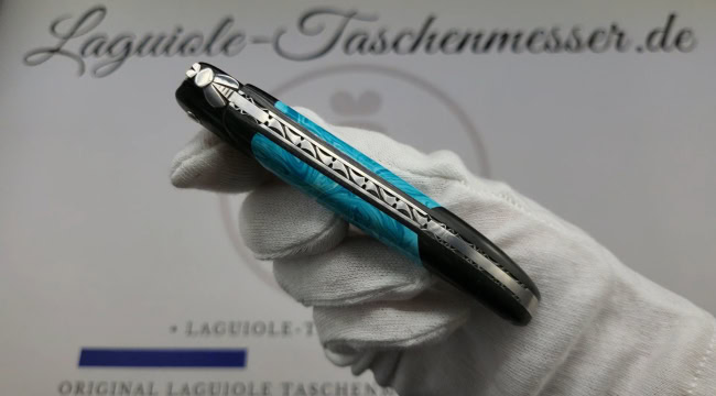 laguiole taschenmesser „nox pretiosa“ – ebenholz & larimar – guillochierte edelstahlplatinen