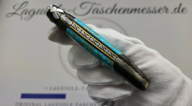 laguiole taschenmesser „nox pretiosa“ – ebenholz & türkis – guillochierte messingplatinen