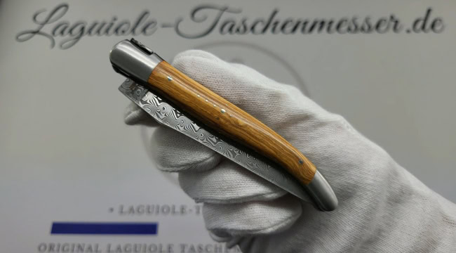 laguiole taschenmesser mit griff aus olivenholz – guillochierte platinen & balbach damas klinge