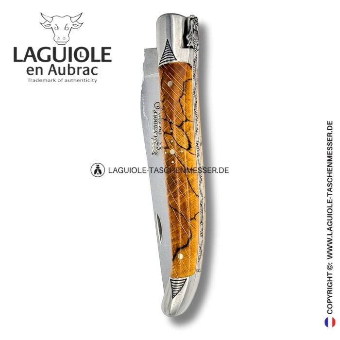 heilige buche: laguiole taschenmesser aus buchenholz – gravierte biene, backen und feder