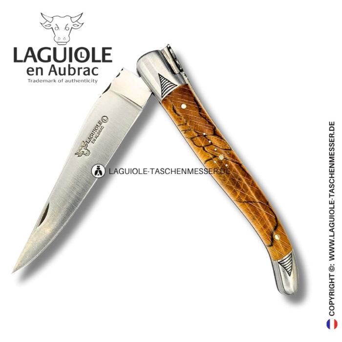 heilige buche: laguiole taschenmesser aus buchenholz – gravierte biene, backen und feder