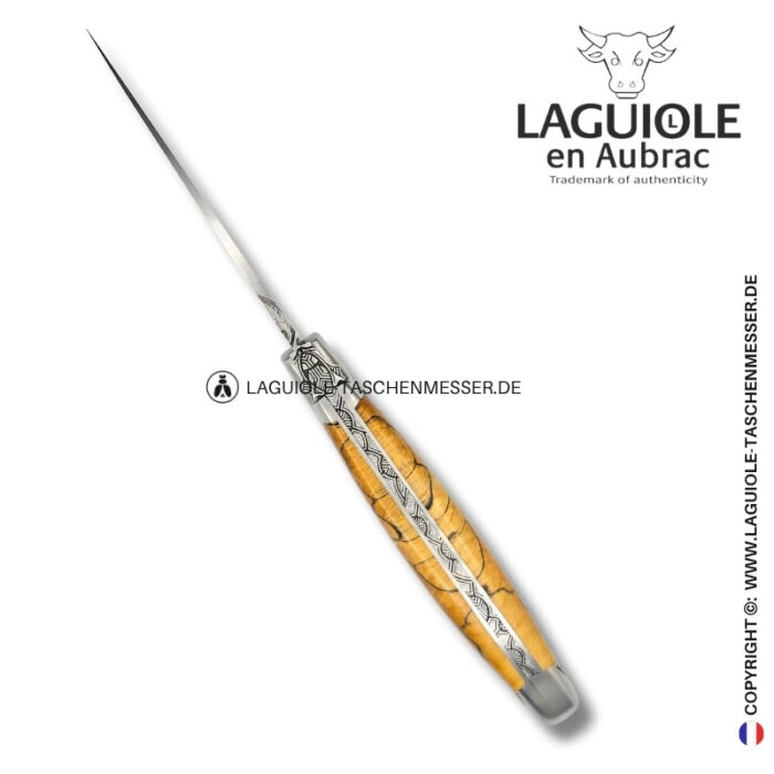 heilige buche: laguiole taschenmesser aus buchenholz – gravierte biene, backen und feder