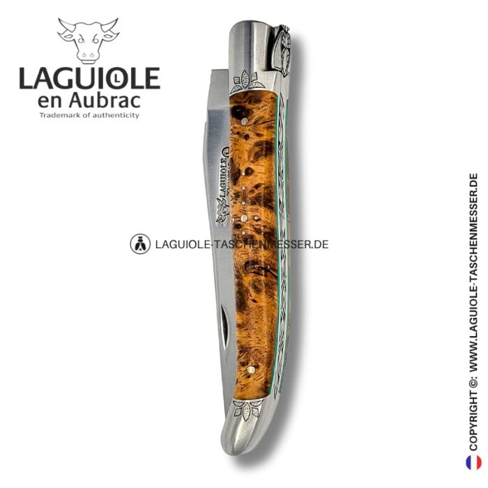 lotushauch: laguiole taschenmesser aus albizia – gravierte biene, heftbacke und feder