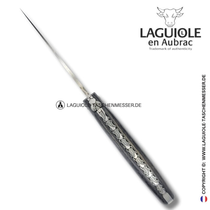 schwarze sonnenfinsternis: laguiole taschenmesser aus carbon – gravierte biene und feder