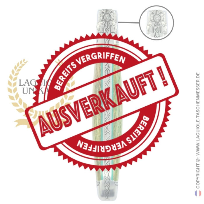 blätterkönigin: laguiole taschenmesser aus grün beiger platane mit – gravierte biene, heftbacke und feder