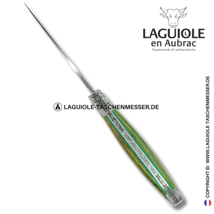 blätterkönigin: laguiole taschenmesser aus grün beiger platane mit – gravierte biene, heftbacke und feder
