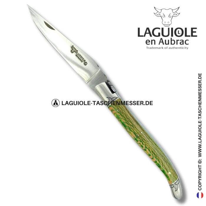 blätterkönigin: laguiole taschenmesser aus grün beiger platane mit – gravierte biene, heftbacke und feder