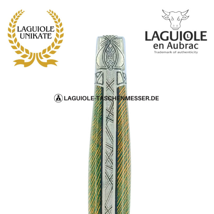 gestreifte elfenkönigin: laguiole taschenmesser aus grün brauner platane mit gravierte biene, heftbacke und feder