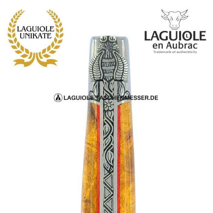 umarmung des efeus: laguiole taschenmesser aus goldener amboina maser mit gravierte biene, heftbacke und feder