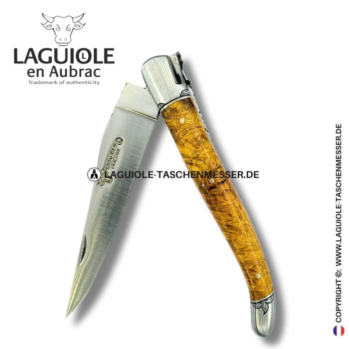 umarmung des efeus: laguiole taschenmesser aus goldener amboina maser mit gravierte biene, heftbacke und feder