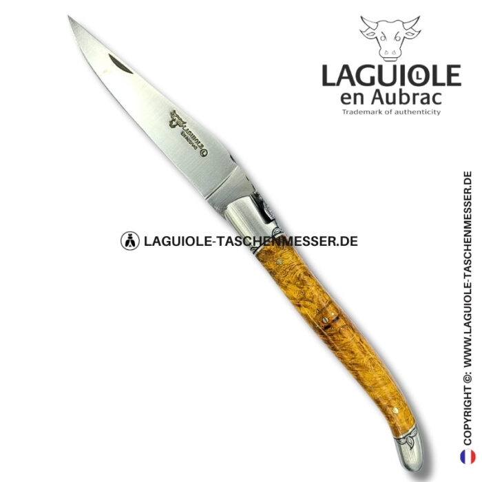 umarmung des efeus: laguiole taschenmesser aus goldener amboina maser mit gravierte biene, heftbacke und feder