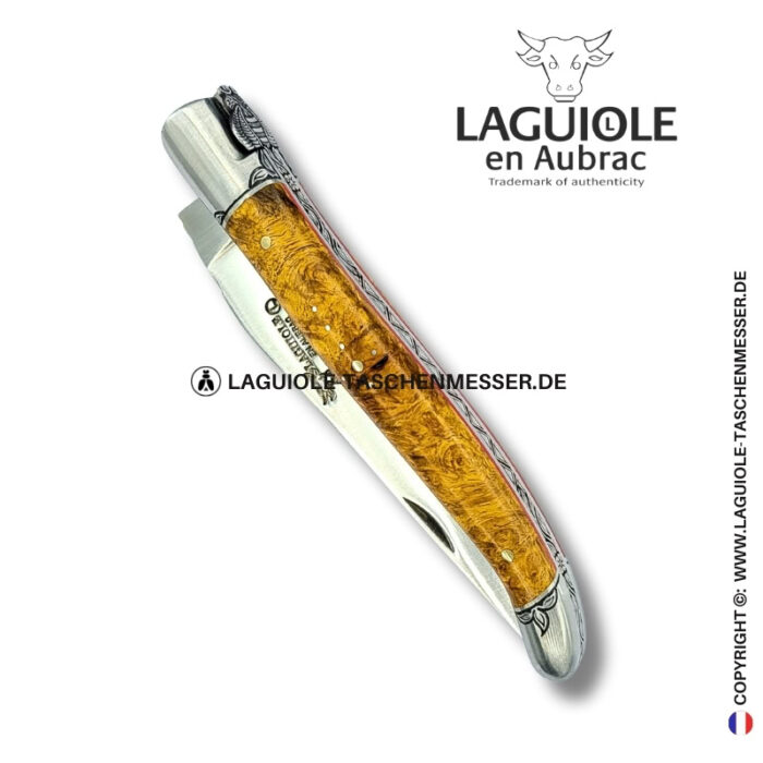 umarmung des efeus: laguiole taschenmesser aus goldener amboina maser mit gravierte biene, heftbacke und feder