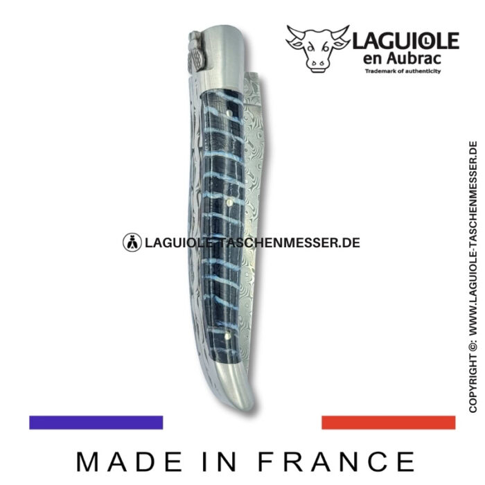 laguiole taschenmesser mit damastklinge & doppelplatinen – griff aus mammut backenzahn blau