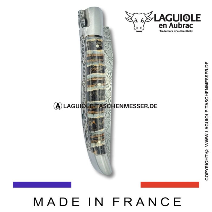 laguiole taschenmesser mit damastklinge & doppelplatinen – griff aus mammut backenzahn braun