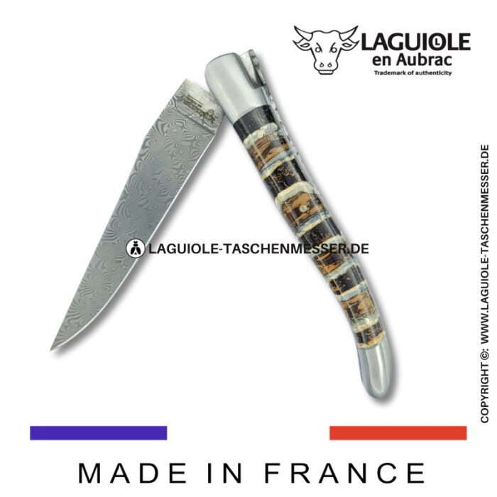 laguiole taschenmesser mit damastklinge & doppelplatinen – griff aus mammut backenzahn braun