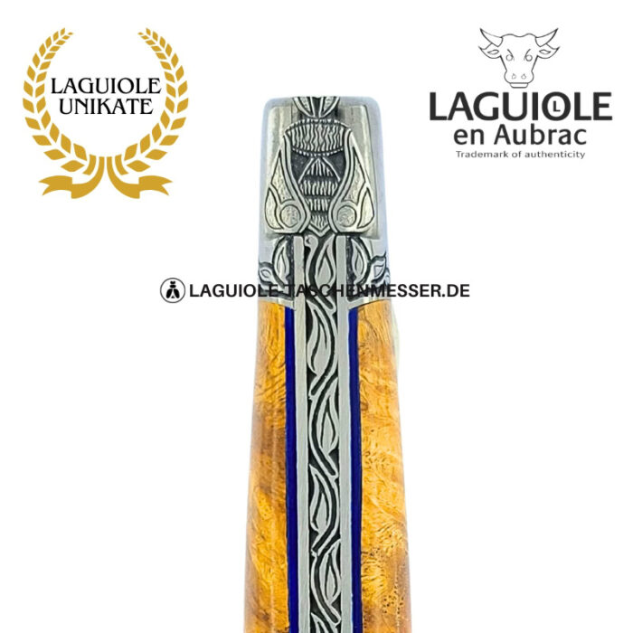 licht der amboina: laguiole taschenmesser aus goldener amboina maser mit gravierte biene, heftbacke und feder