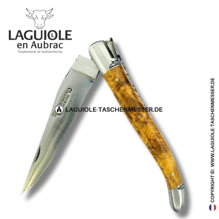 licht der amboina: laguiole taschenmesser aus goldener amboina maser mit gravierte biene, heftbacke und feder