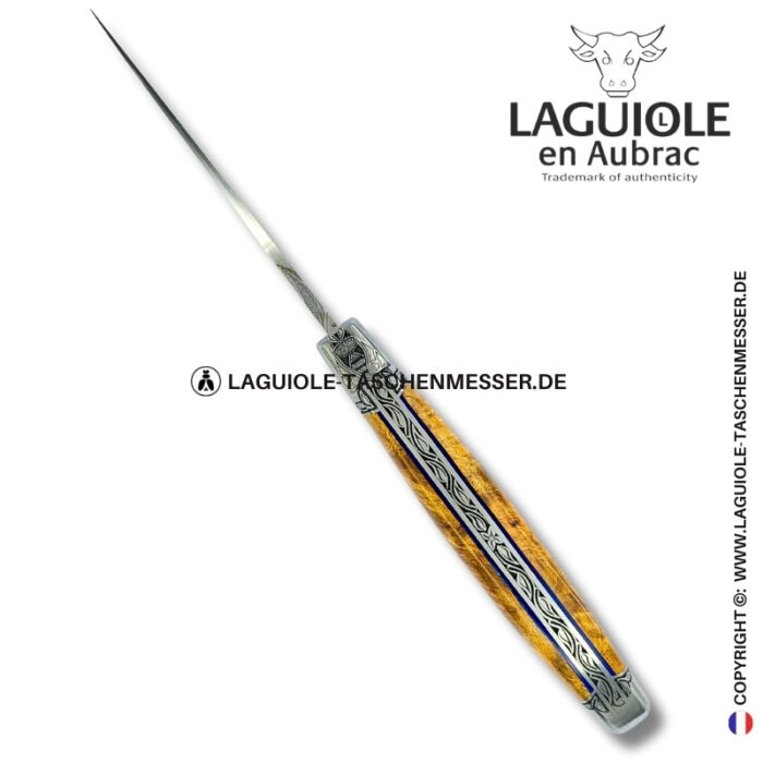licht der amboina: laguiole taschenmesser aus goldener amboina maser mit gravierte biene, heftbacke und feder