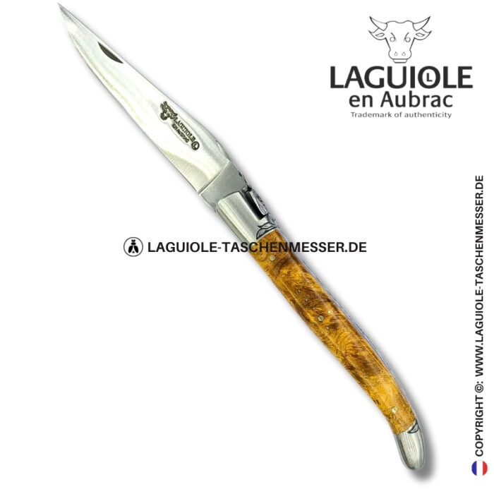 licht der amboina: laguiole taschenmesser aus goldener amboina maser mit gravierte biene, heftbacke und feder