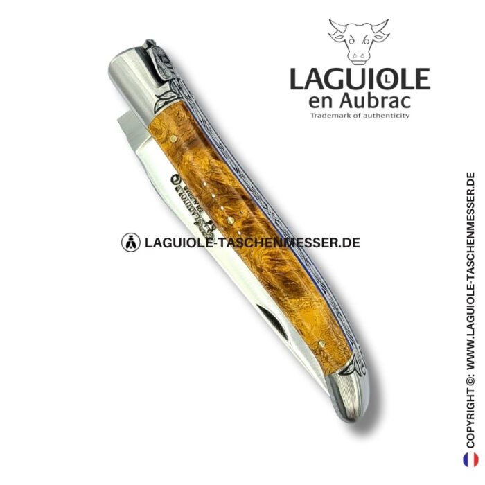 licht der amboina: laguiole taschenmesser aus goldener amboina maser mit gravierte biene, heftbacke und feder