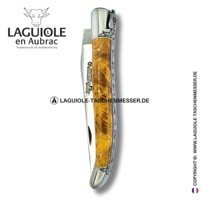 licht der amboina: laguiole taschenmesser aus goldener amboina maser mit gravierte biene, heftbacke und feder