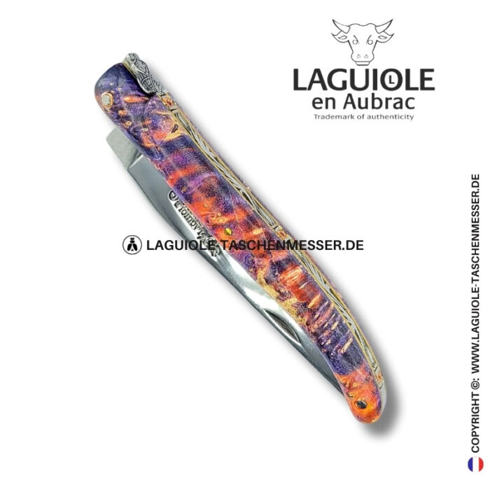 phönixschmuck: laguiole taschenmesser aus gefärbter holundermaser mit steineinlage, vollgriff